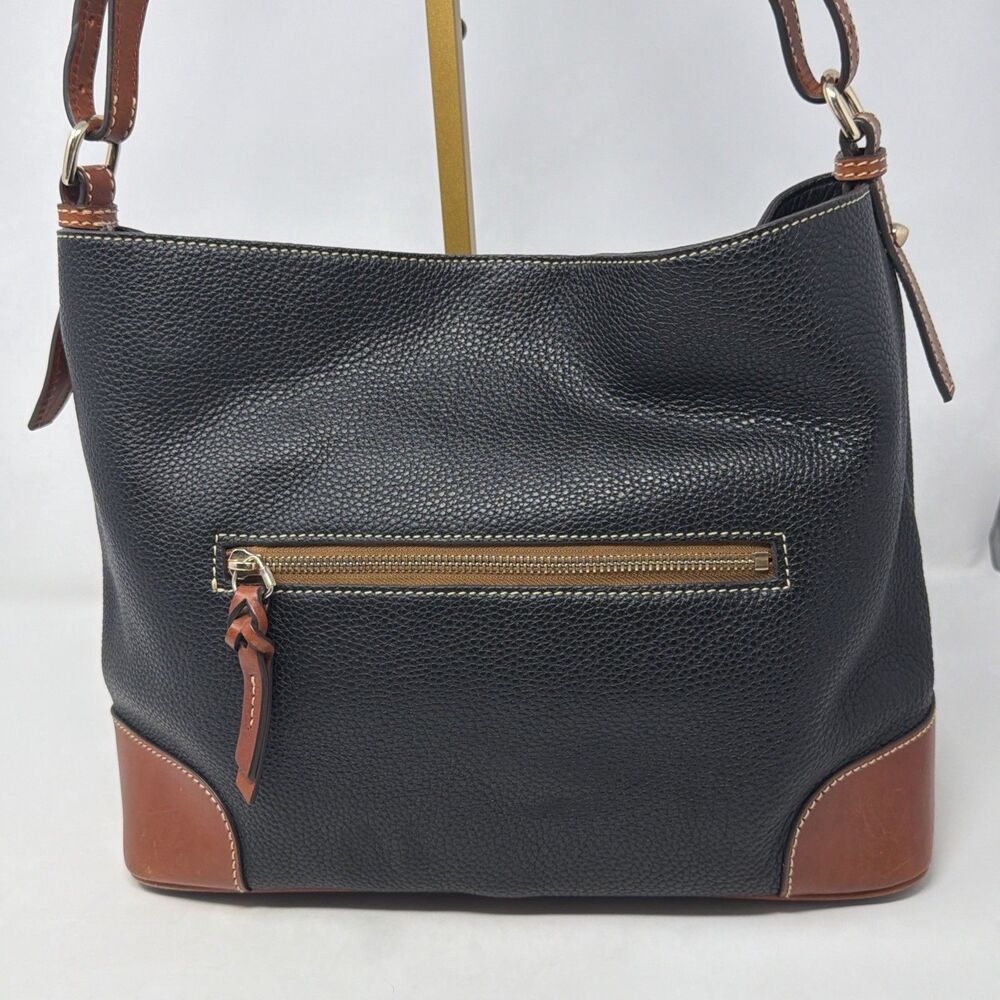Dooney & Bourke Black Pebbled Leather Brown Trim Large Hobo Shoulder Bag - Picture 4 of 9